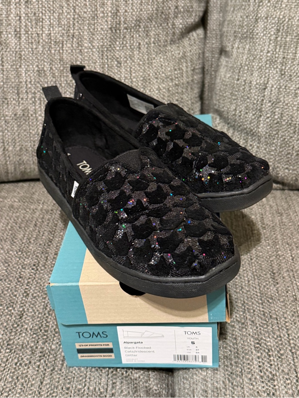 TOMS Kids Black Glitter Cat Alpargata Slip-On Shoes